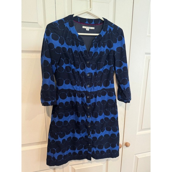 Anthro Boden Womens Blue Button Front Pockets Polka Dot Corduroy Dress - Picture 2 of 8